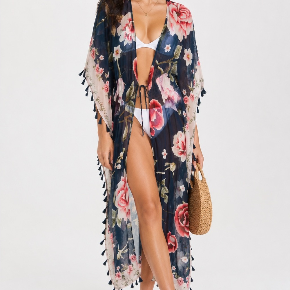 Agua Bendita Navy Floral Tassel Beach Kimono Coverup